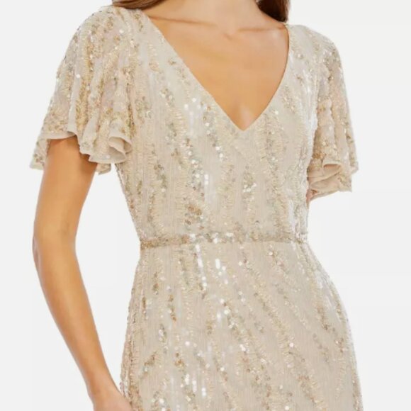 MAC DUGGAL 93591 SEQUINED V-NECK FLUTTER SLEEVE TEA LENGTH OYSTER SHEAT DRESS 8 - Picture 3 of 5